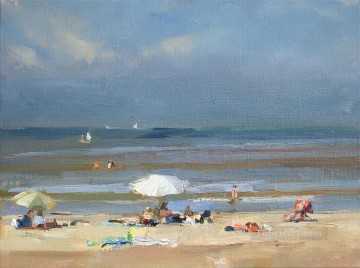 Sunny at the beach white parasol Oil Paintings